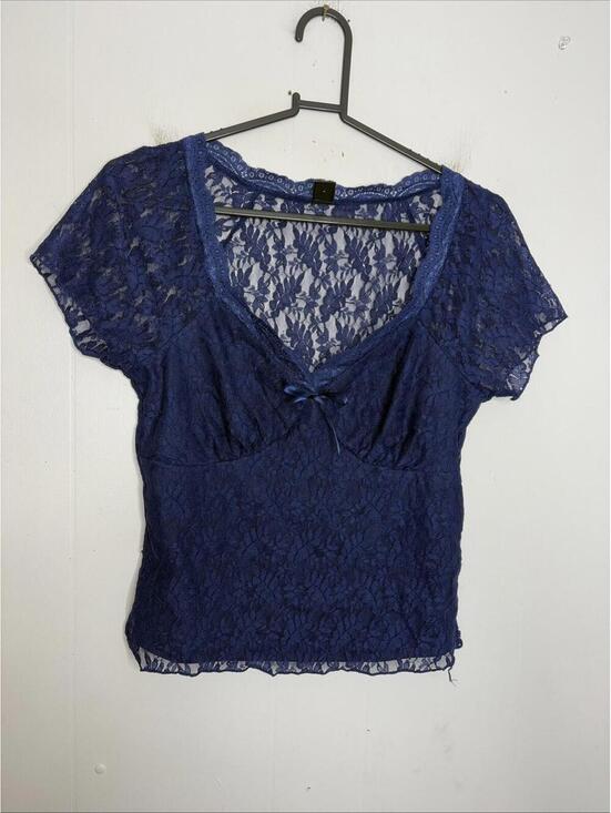 Tops - Womens Top Medium Lace Babydoll Sheer Sleeves Lined Lightweight Blue Feminine